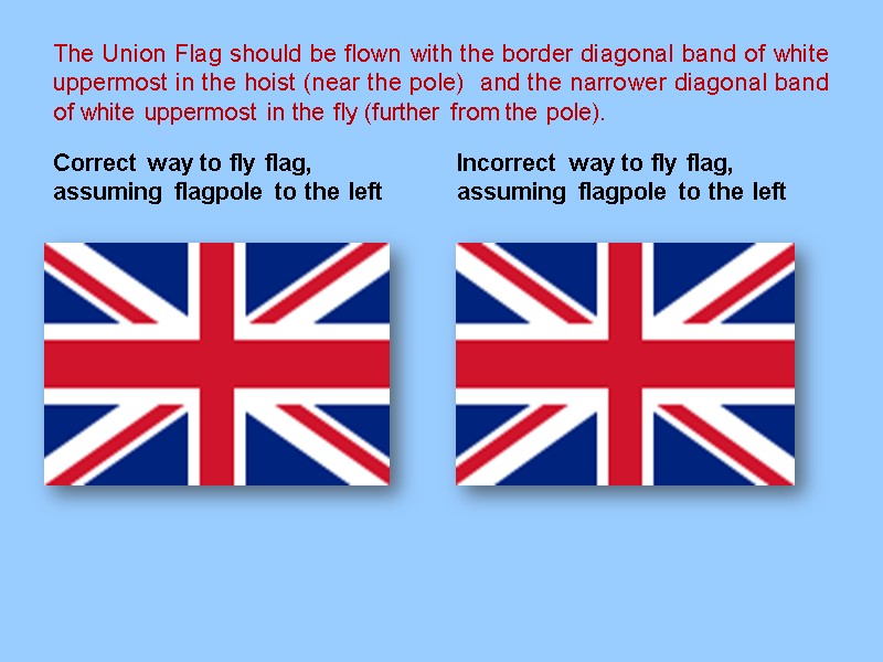 The Union Flag should be flown with the border diagonal band of white uppermost